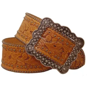 B357 - Natural Leather Floral Tooled Belt