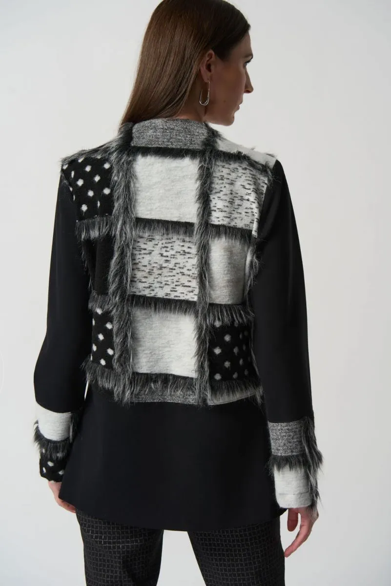 Berkely Black and Grey Abstract Patchwork and Faux Fur Cardigan- Joseph Ribkoff Style 233062