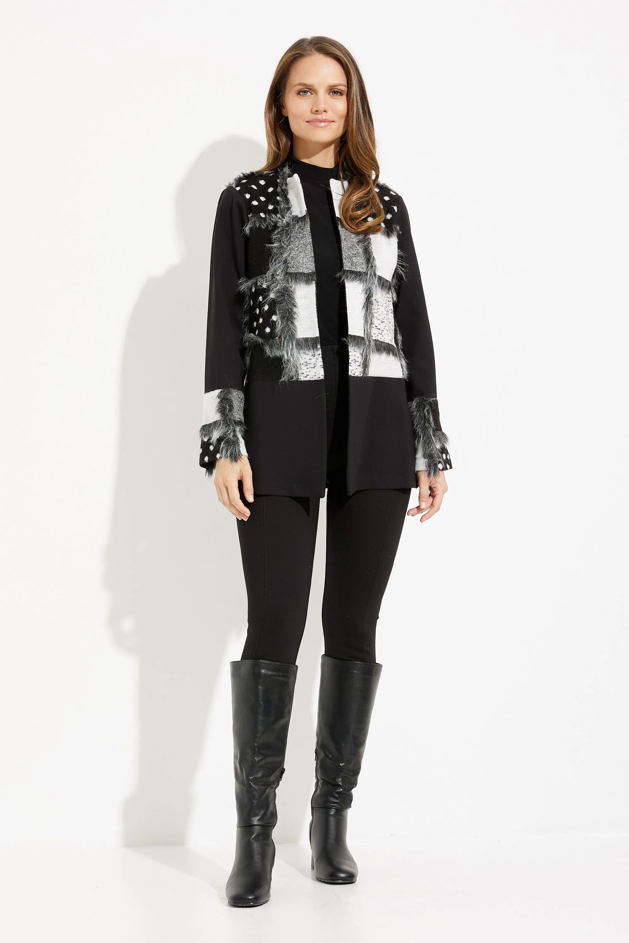 Berkely Black and Grey Abstract Patchwork and Faux Fur Cardigan- Joseph Ribkoff Style 233062