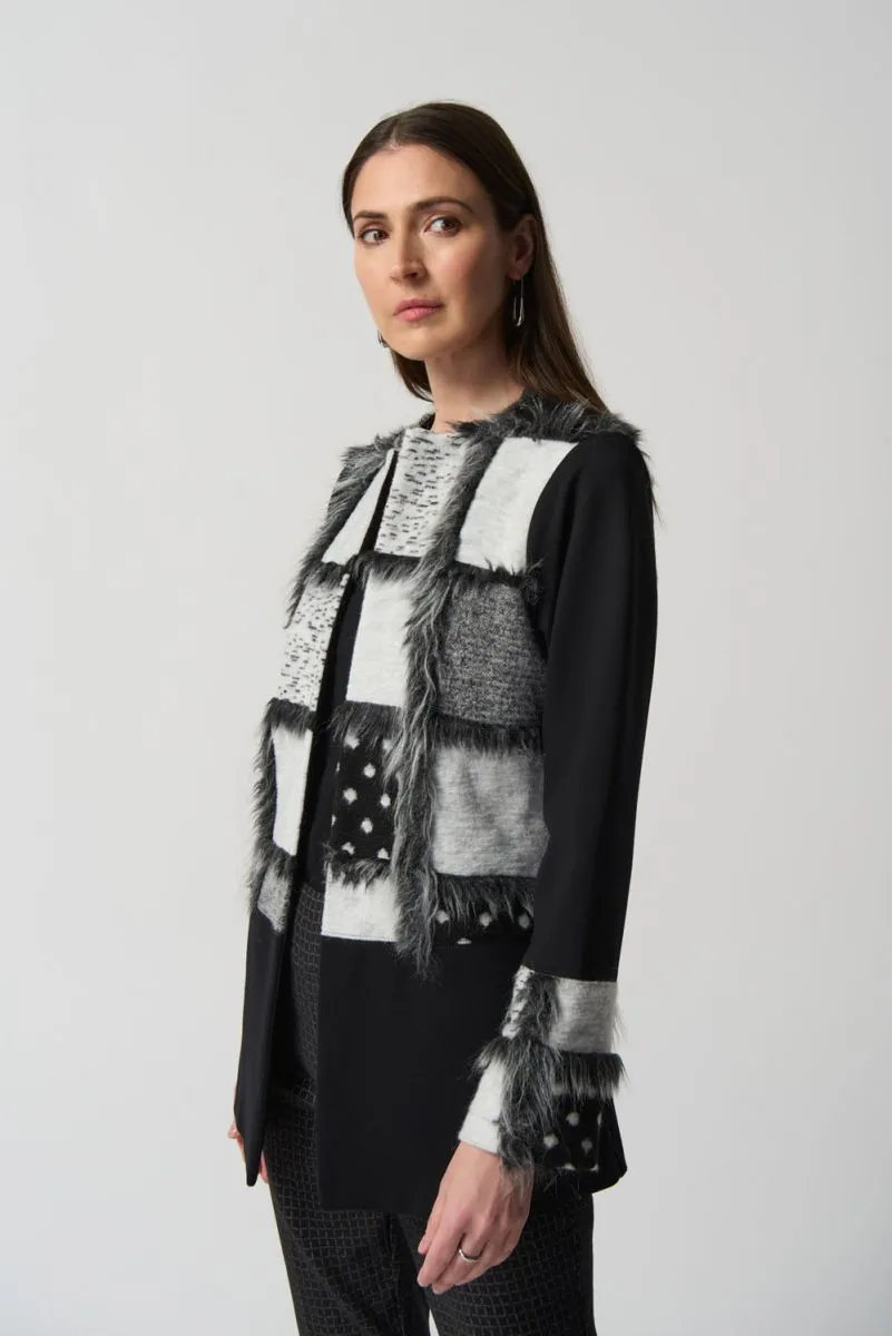 Berkely Black and Grey Abstract Patchwork and Faux Fur Cardigan- Joseph Ribkoff Style 233062