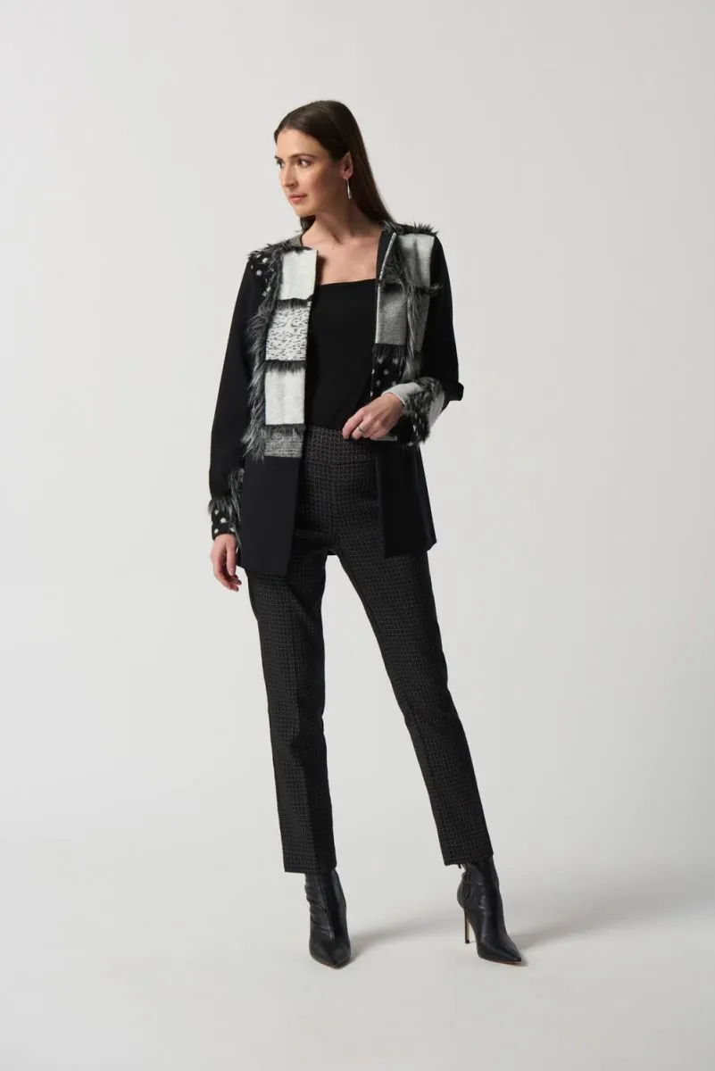 Berkely Black and Grey Abstract Patchwork and Faux Fur Cardigan- Joseph Ribkoff Style 233062