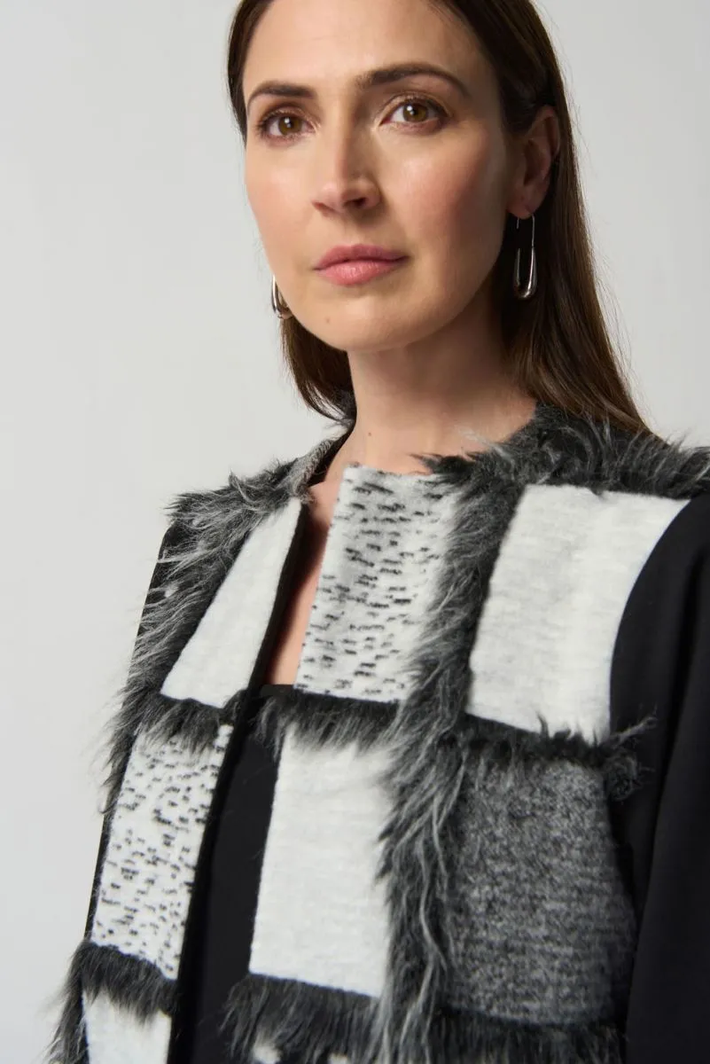 Berkely Black and Grey Abstract Patchwork and Faux Fur Cardigan- Joseph Ribkoff Style 233062