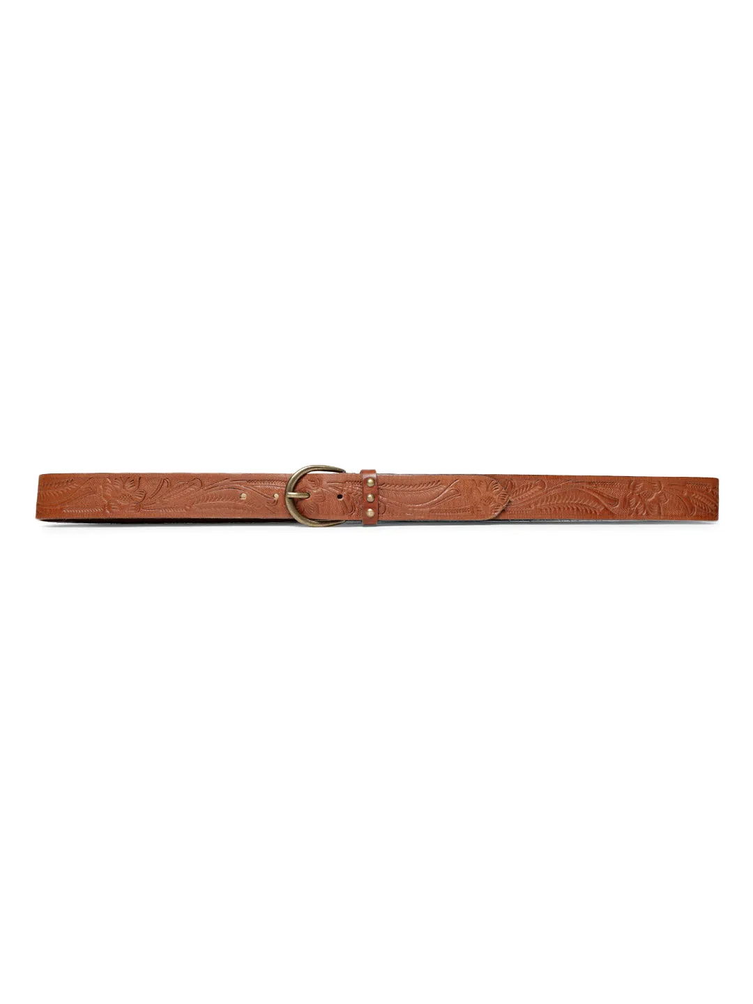 Cognac Hand-tooled Design Leather Belt By Art N Vintage