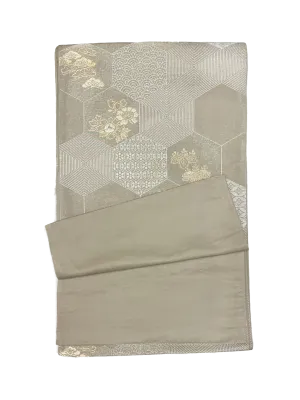 Japanese Kimono Vintage Fukuro Obi - Beige, Japanese traditional flowers