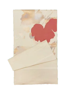 Japanese Kimono Vintage Fukuro Obi - Beige, Red and Brown Leaves