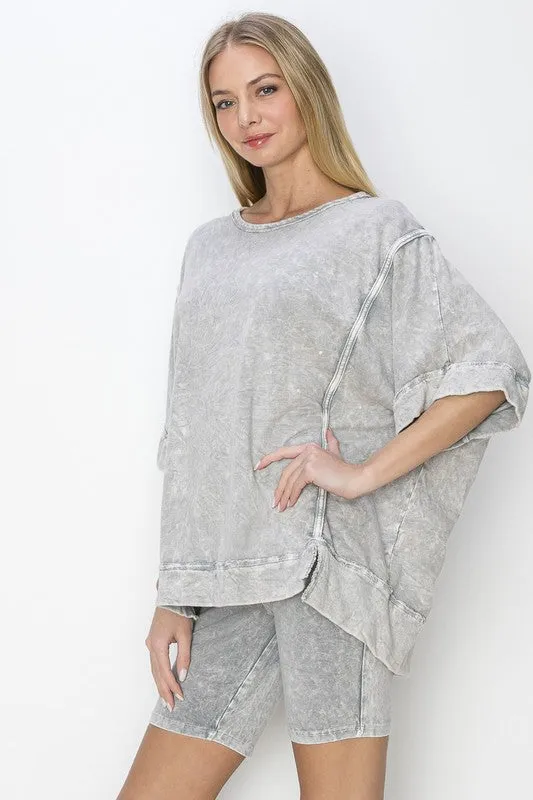 J.Her Mineral Washed Top with Binding Details in Light Grey