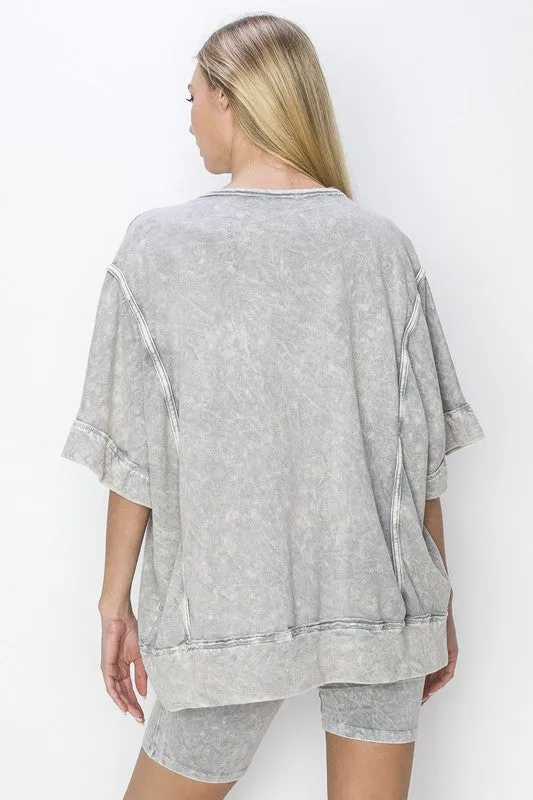 J.Her Mineral Washed Top with Binding Details in Light Grey