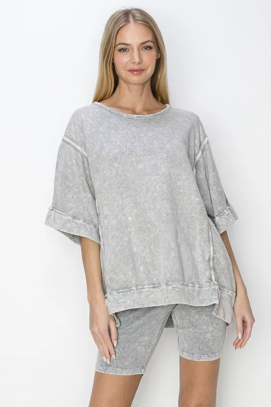 J.Her Mineral Washed Top with Binding Details in Light Grey