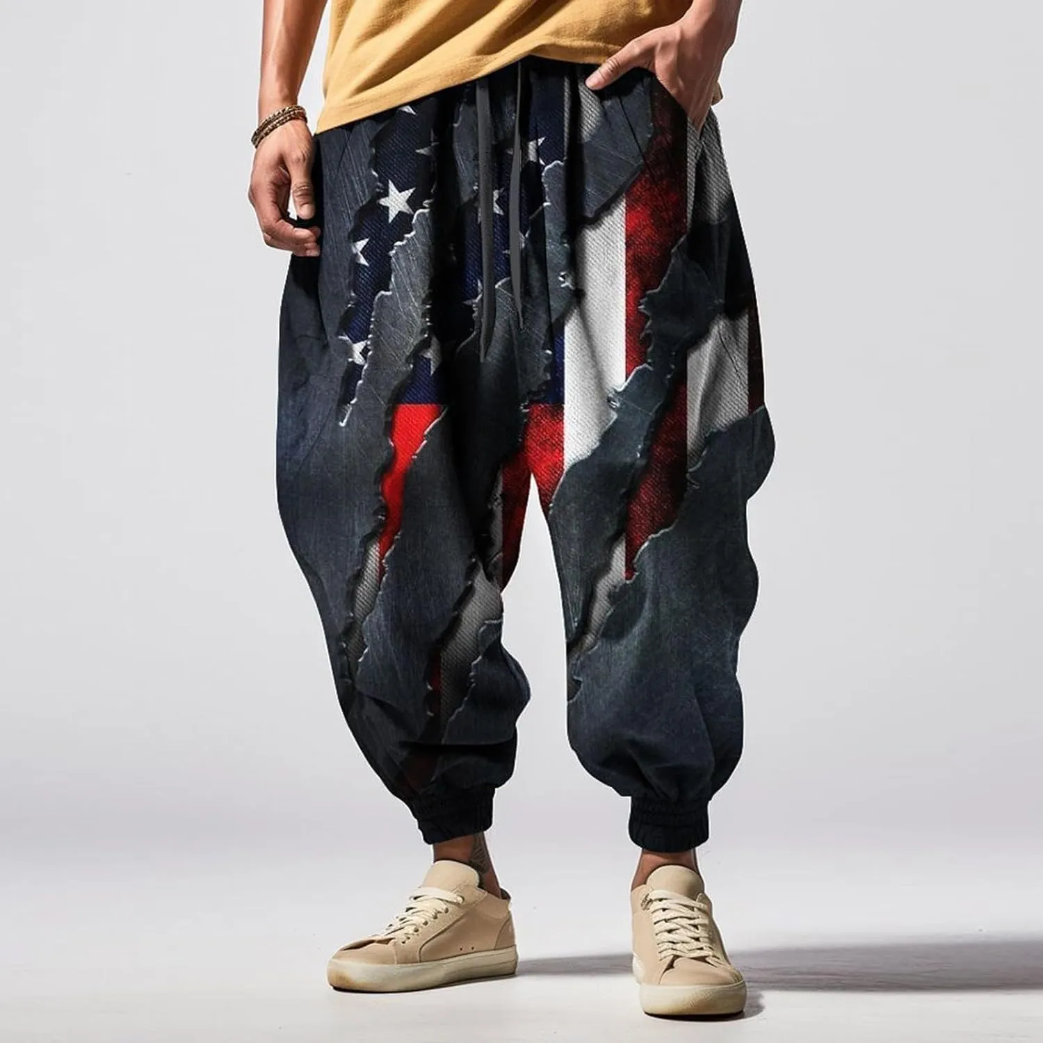 Men's Drawstring Hippie Harem Pants Men's Autumn Fun Print Fashion Street Feel Casual Cotton Drawstring Cargo Pants