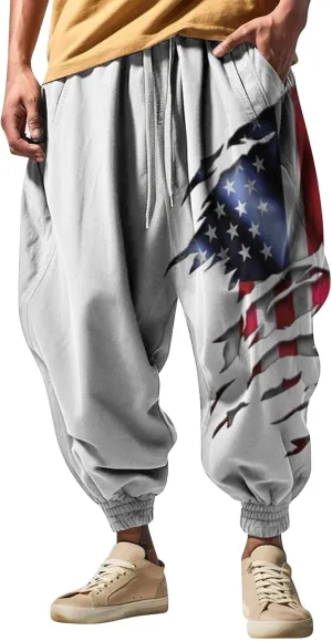 Men's Drawstring Hippie Harem Pants Men's Autumn Fun Print Fashion Street Feel Casual Cotton Drawstring Cargo Pants