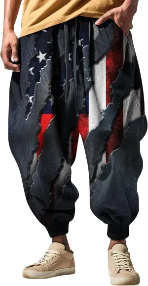 Men's Drawstring Hippie Harem Pants Men's Autumn Fun Print Fashion Street Feel Casual Cotton Drawstring Cargo Pants